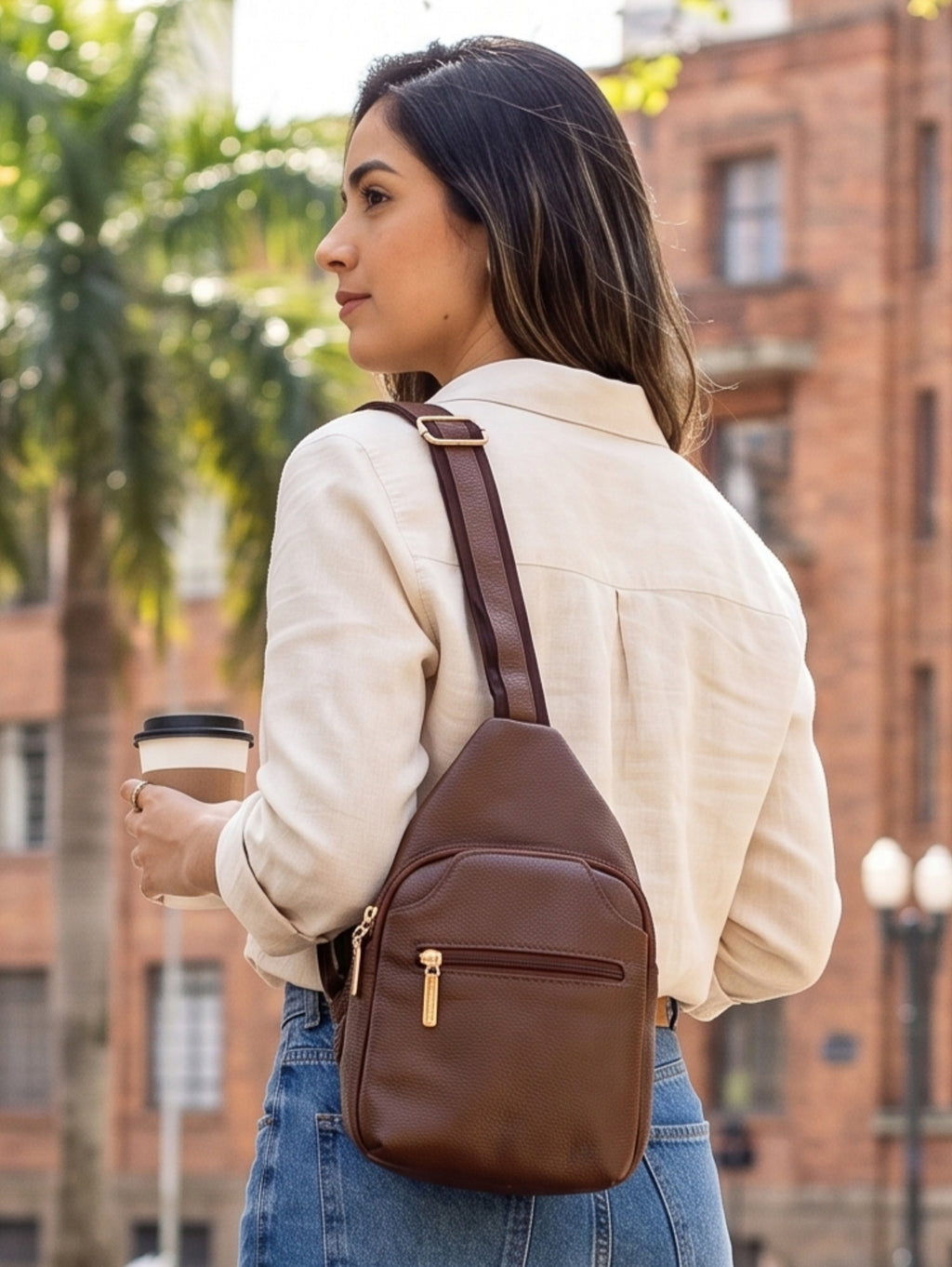 Mini mochila feminina transversal de couro liso Jenny