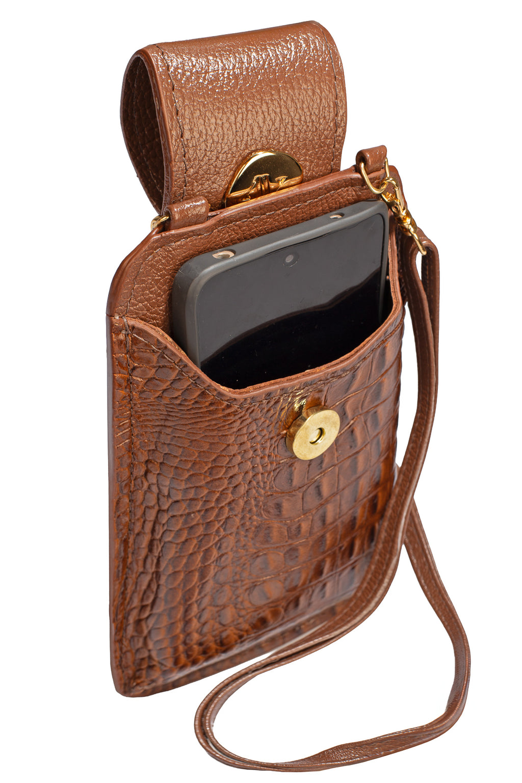 Bolsa porta celular feminina em couro croco Luna