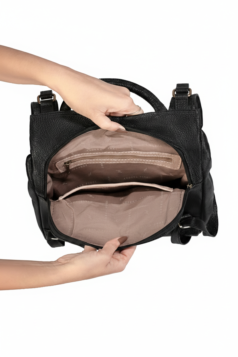 Mochila pequena antifurto couro liso metais grafite Susan