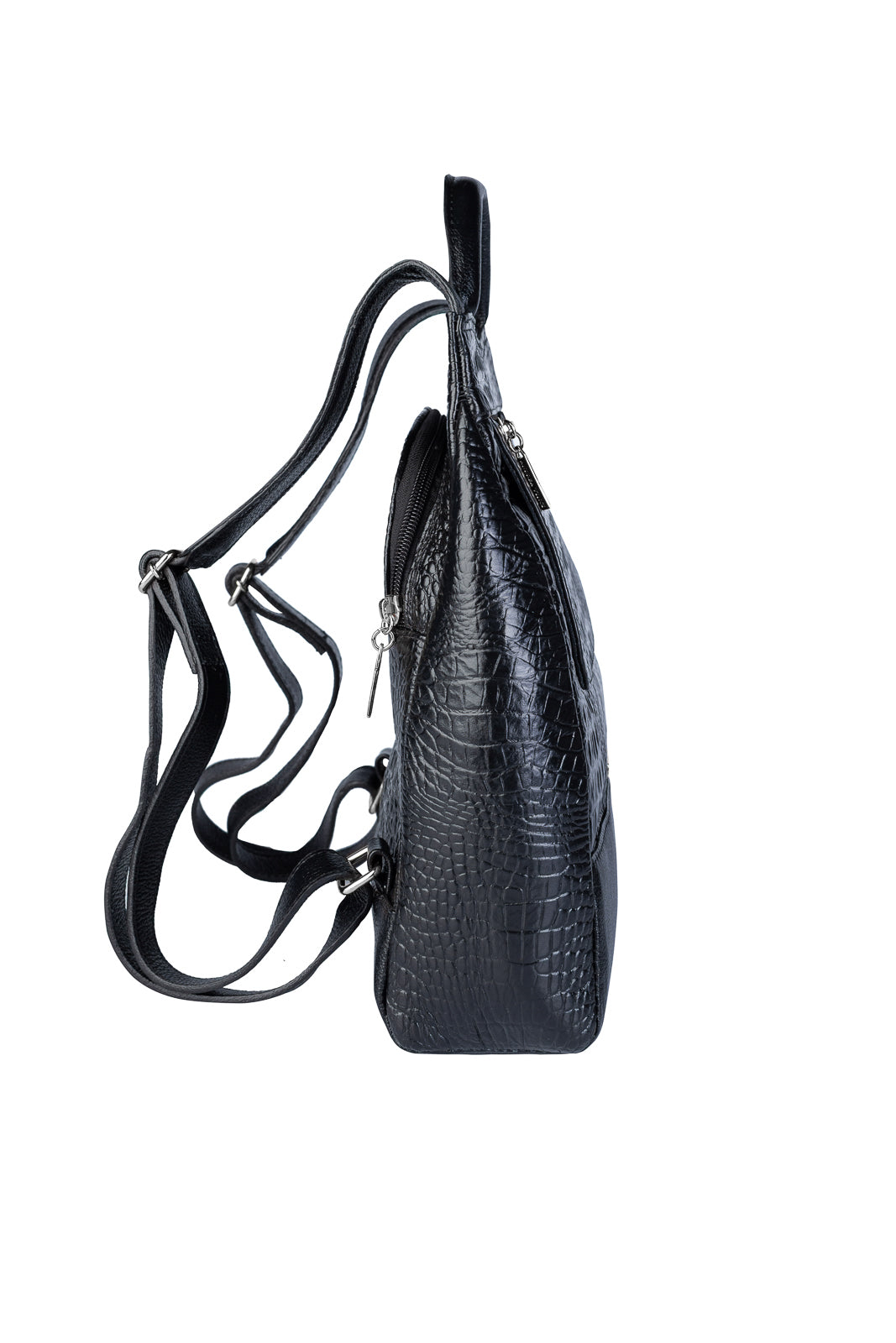 Mochila pequena antifurto couro croco metais grafite Susan