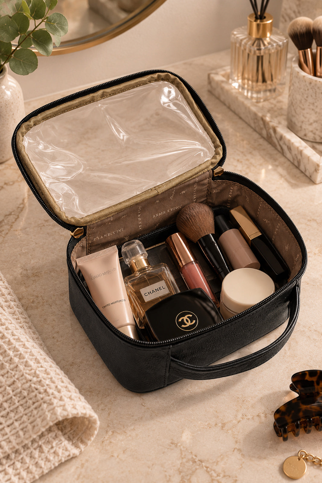 Necessaire transparente em couro e vinil para viagem e maternidade 15x23x9 Eloa