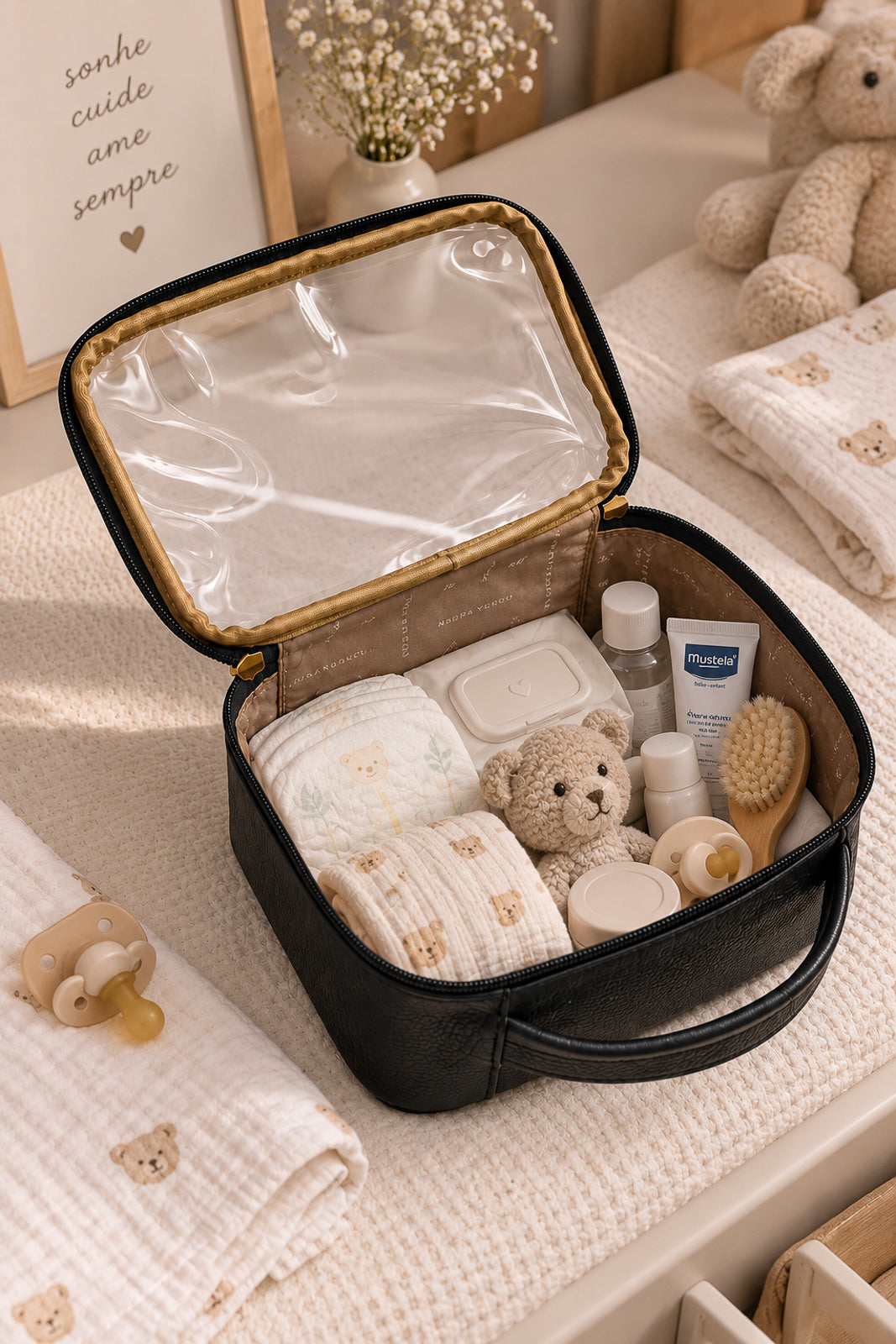Necessaire transparente em couro e vinil para viagem e maternidade 15x23x9 Eloa