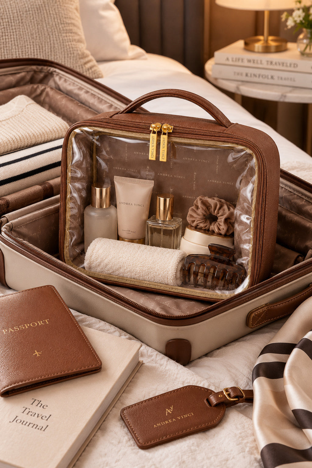 Necessaire transparente em couro e vinil para viagem 23x28x10 Elora