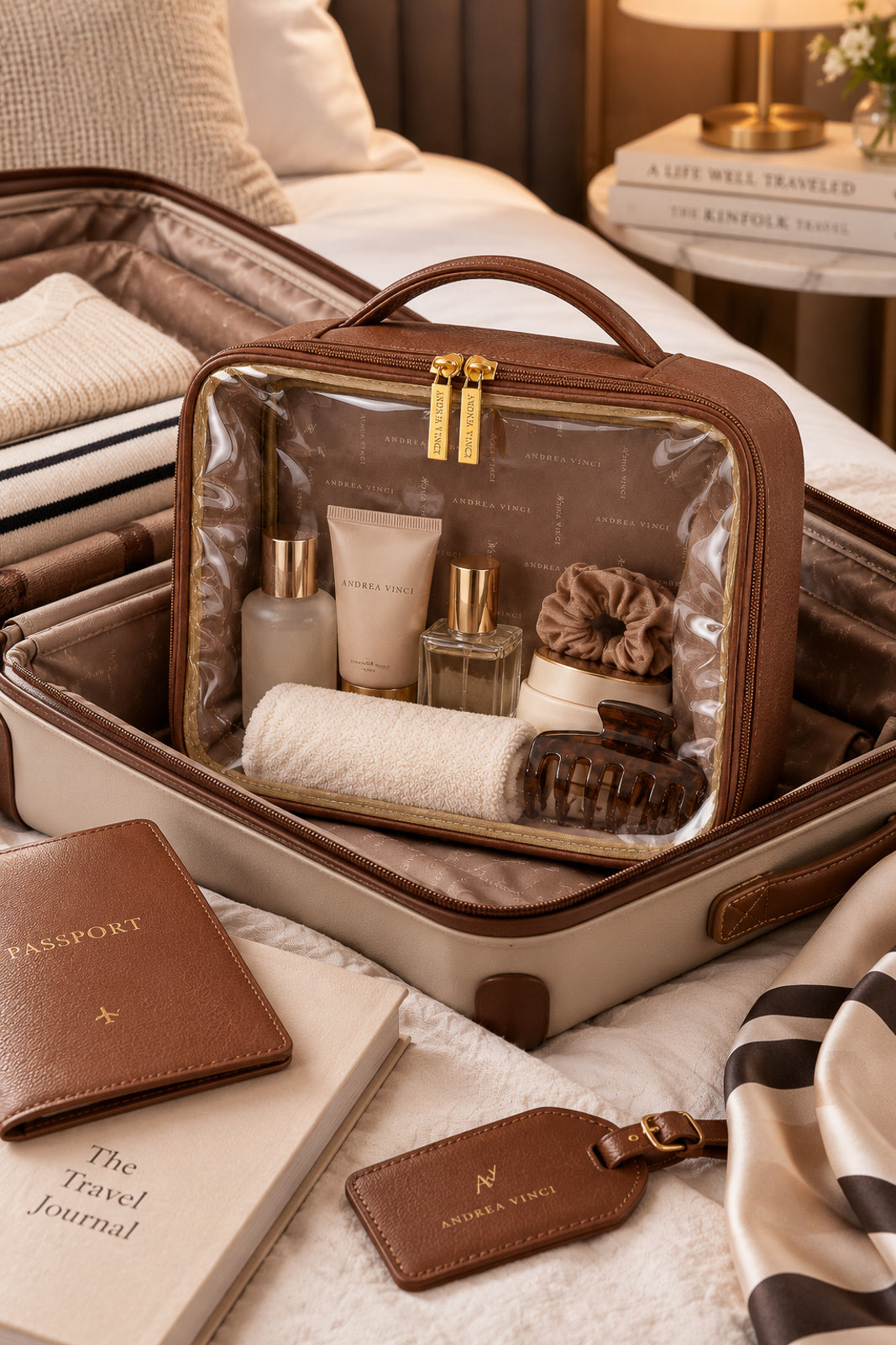 Necessaire transparente em couro e vinil para viagem 23x28x10 Elora