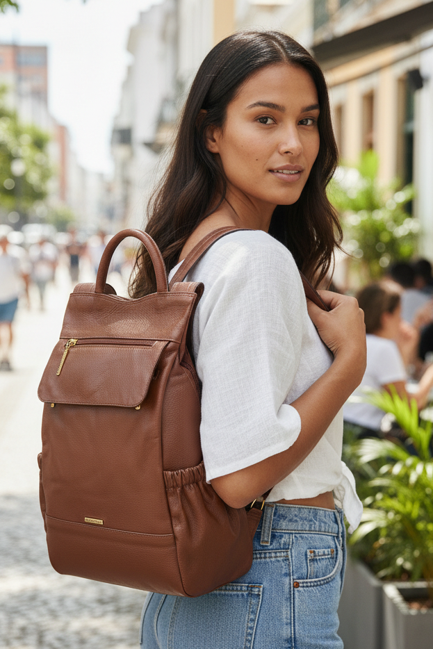 Mochila antifurto de couro liso Suelen