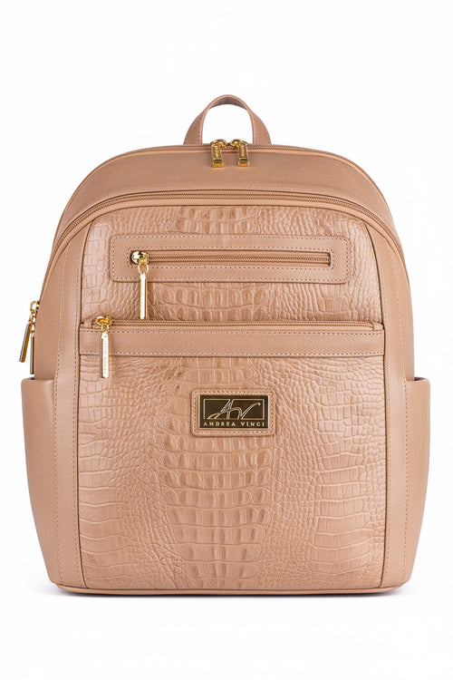 Mochila grande de couro croco Marcela na cor bege — Enluaze