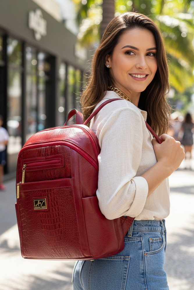 Mochila grande de couro croco Marcela