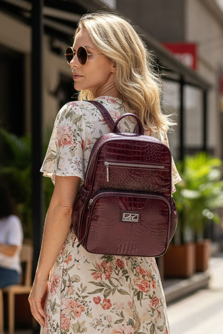 Mochila pequena de couro croco metais grafite Zoey