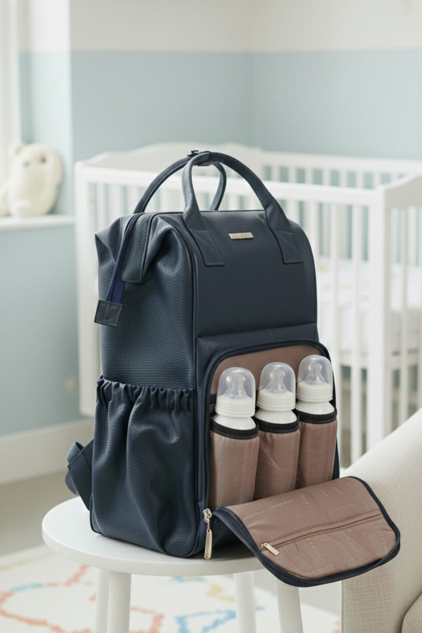 Mochila maternidade multifuncional de couro liso Vitta