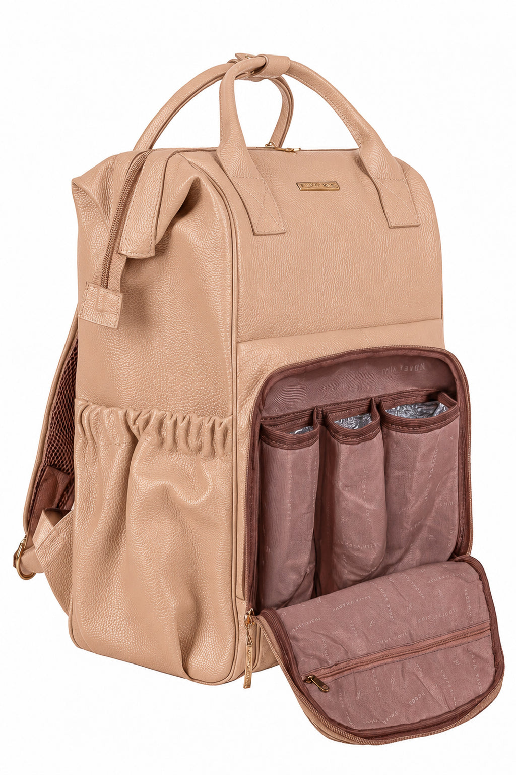 Mochila maternidade multifuncional de couro liso Vitta na cor bege — Enluaze, foto 3