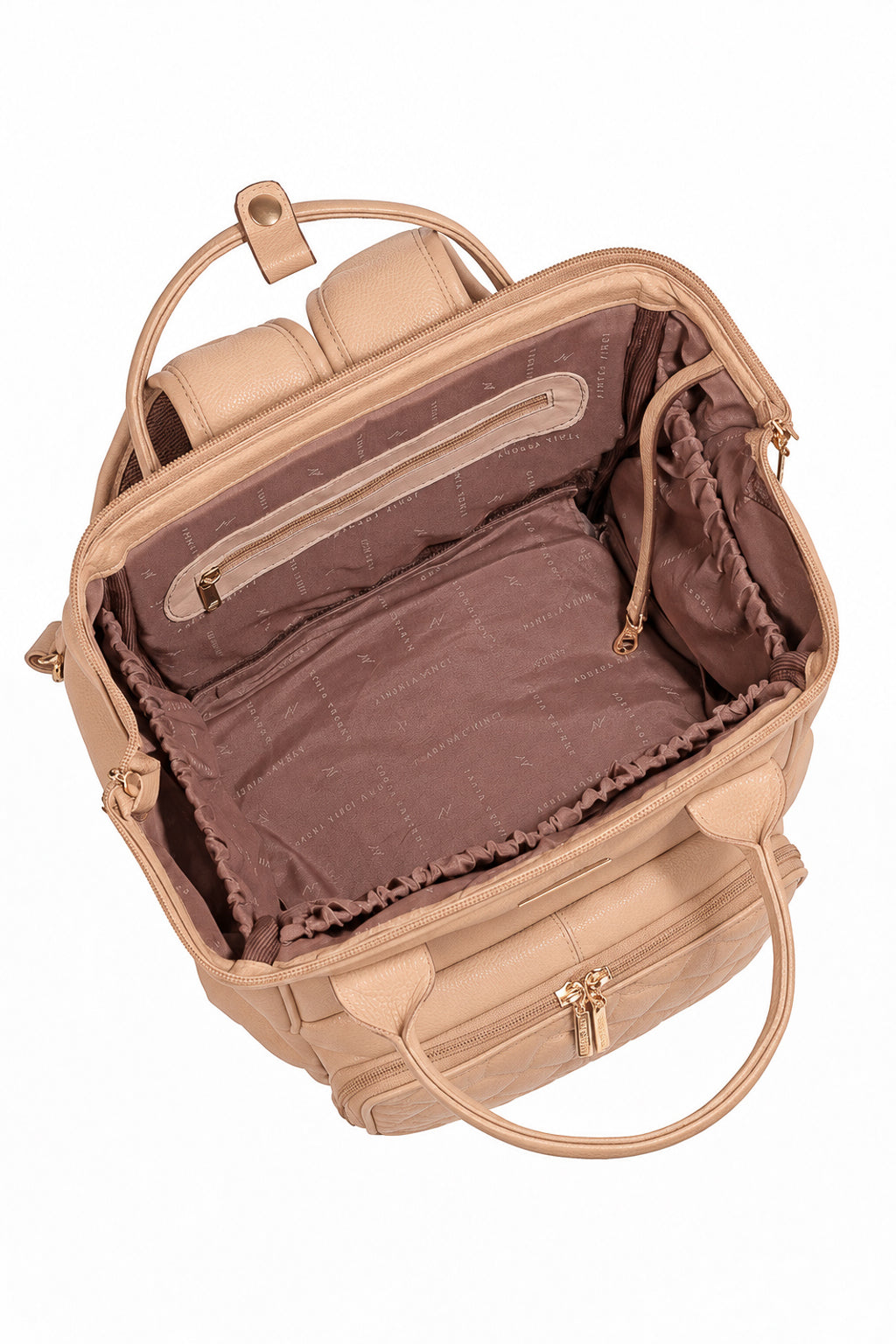 Mochila maternidade multifuncional de couro liso Vitta na cor bege — Enluaze, foto 5