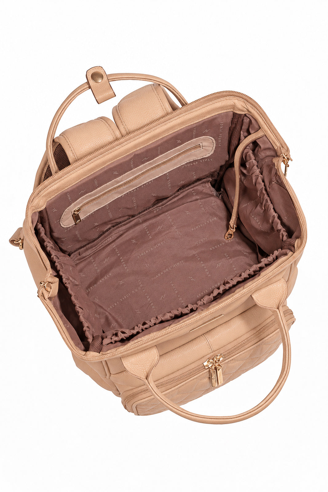 Mochila maternidade multifuncional de couro liso Vitta na cor bege — Enluaze, foto 5
