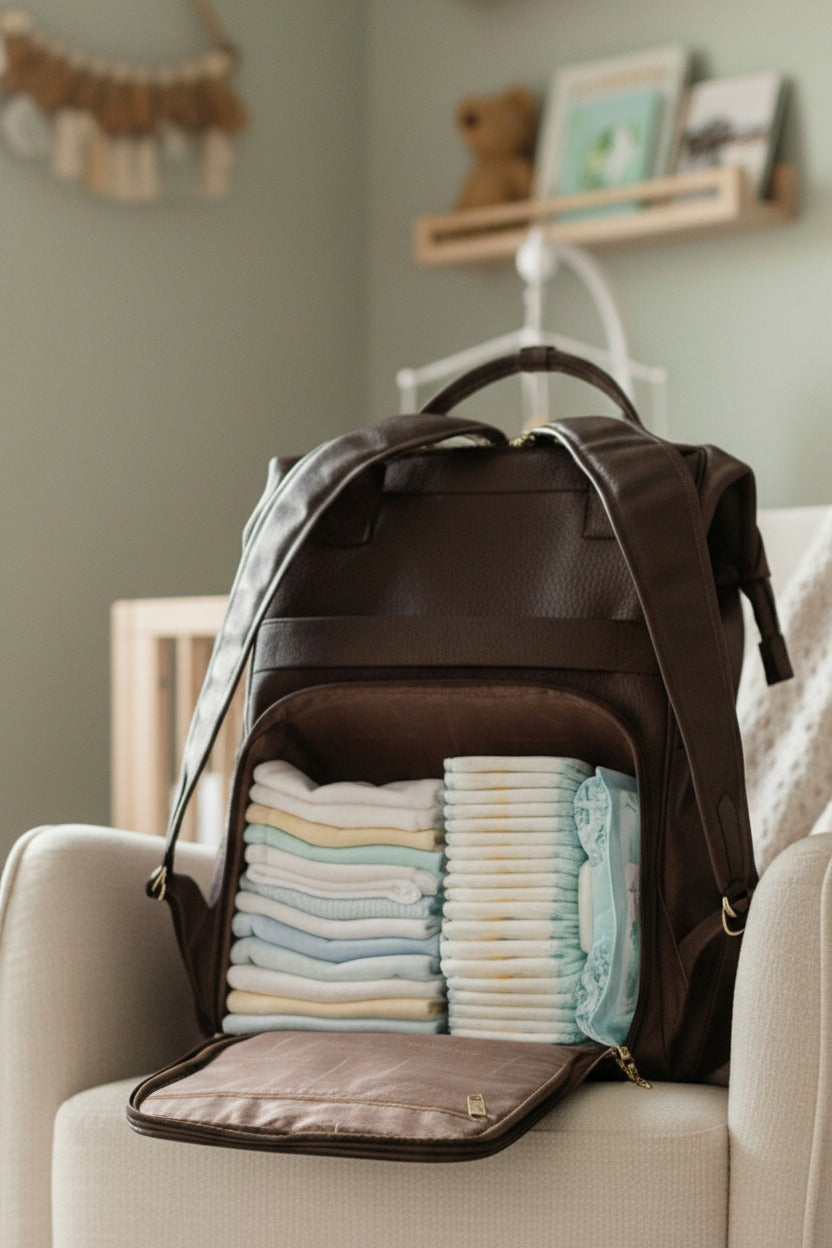 Mochila maternidade multifuncional de couro liso Vitta