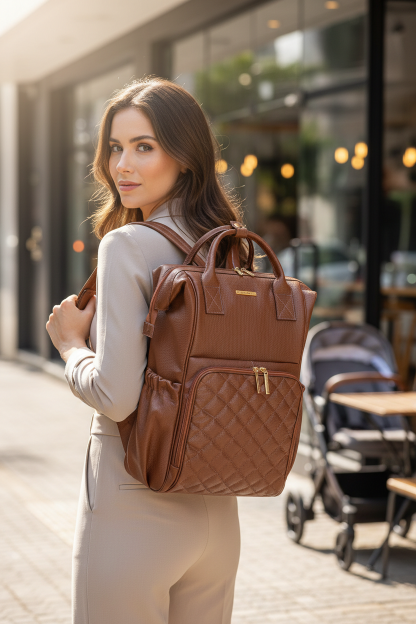 Mochila maternidade multifuncional de couro liso Vitta