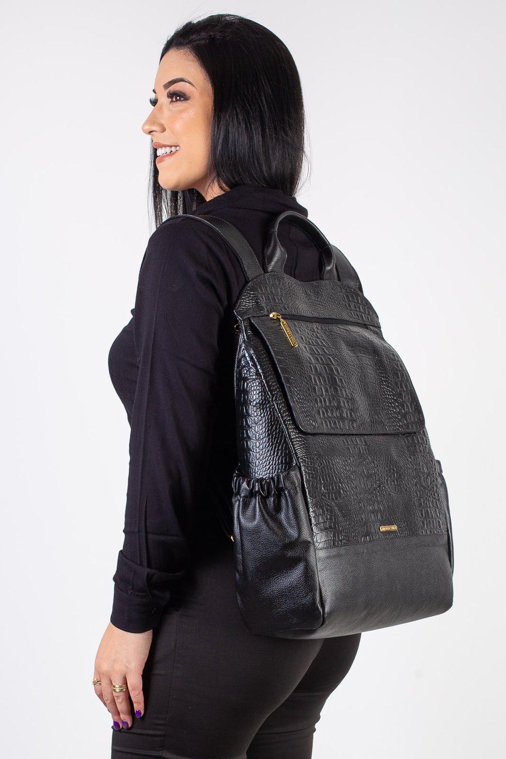 Mochila antifurto grande de couro croco Suzana