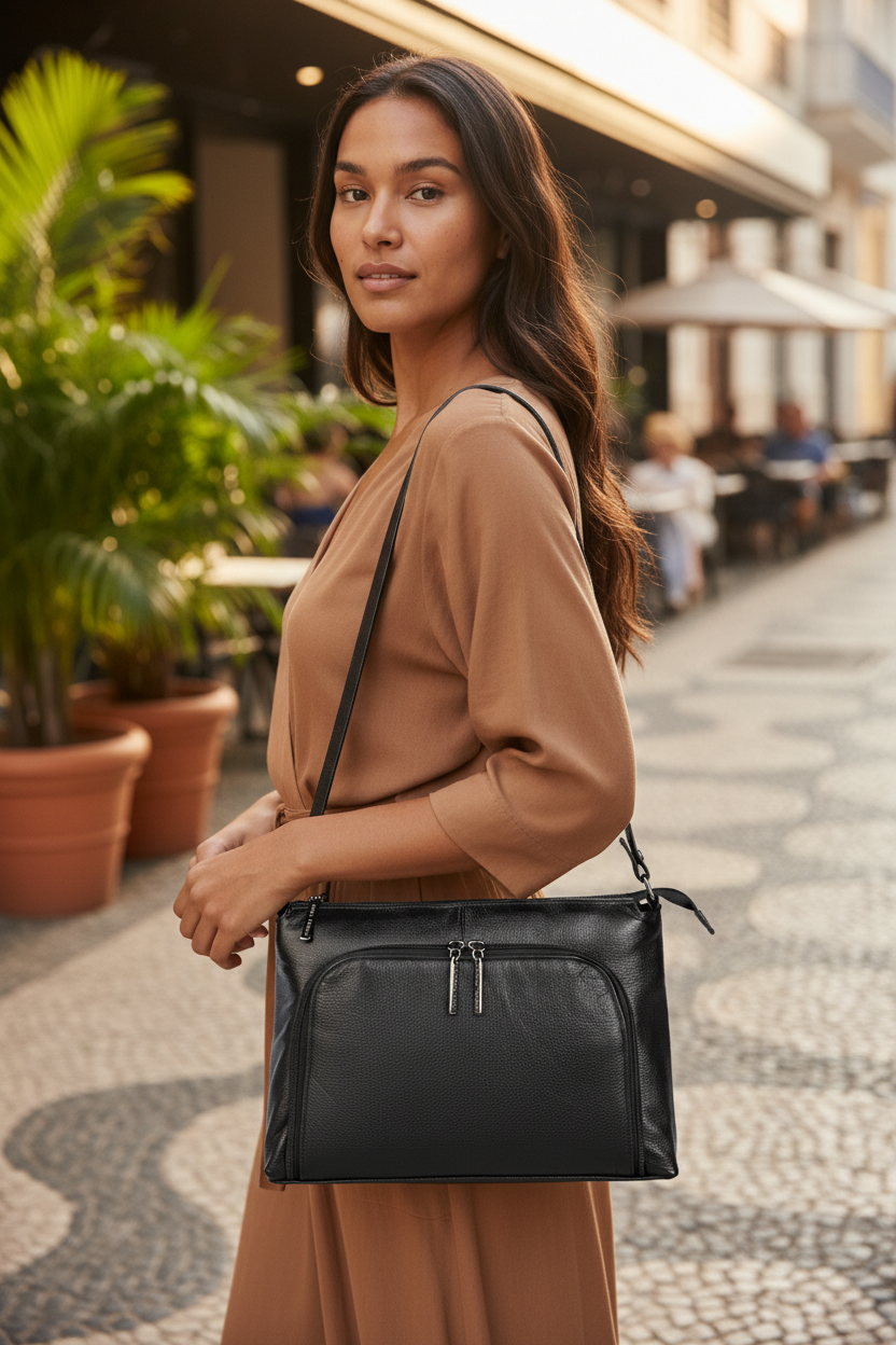 Bolsa de couro liso metais grafite tiracolo Ninna