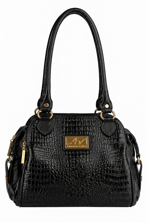 Bolsa de ombro em couro croco Simone na cor preto — Enluaze