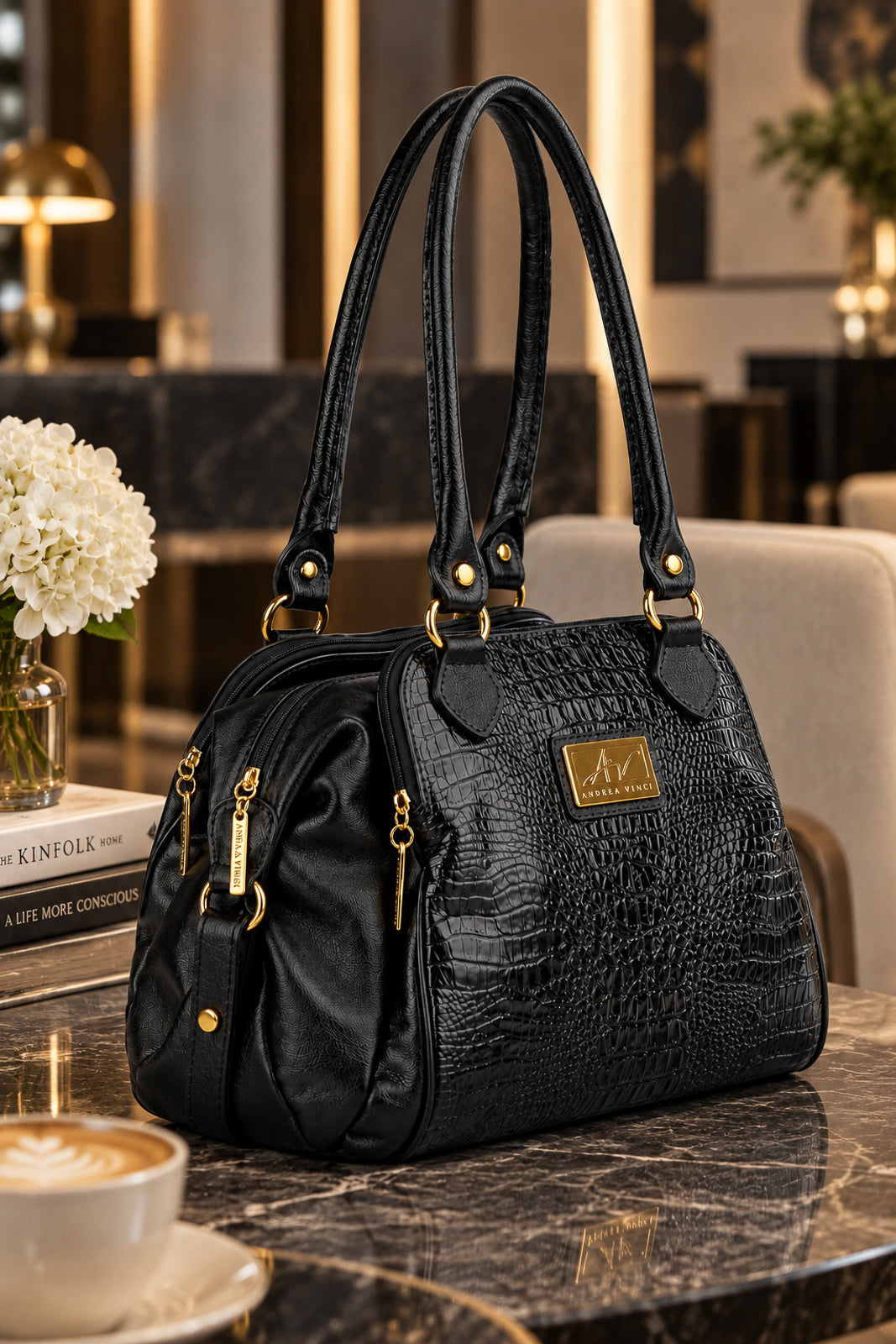 Bolsa de ombro em couro croco Simone na cor preto — Enluaze, foto 7