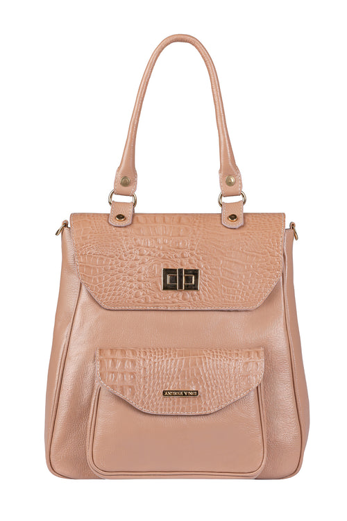 Mochila 2 em 1 de couro croco Joanna na cor bege — Enluaze