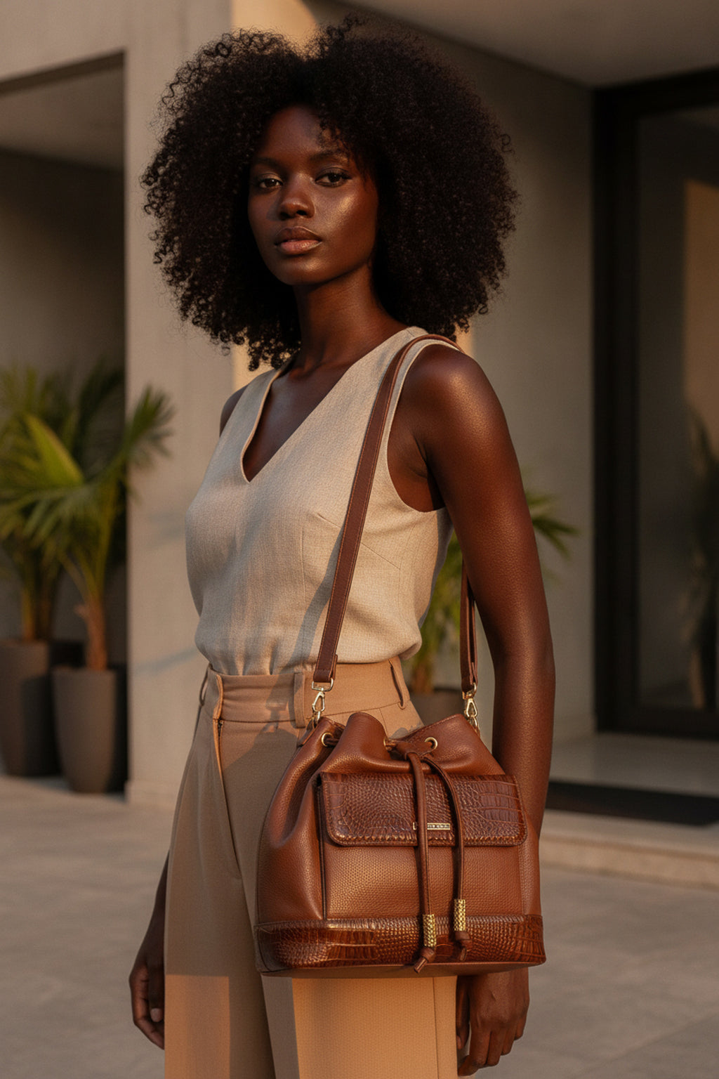 Bolsa saco em couro liso Natasha