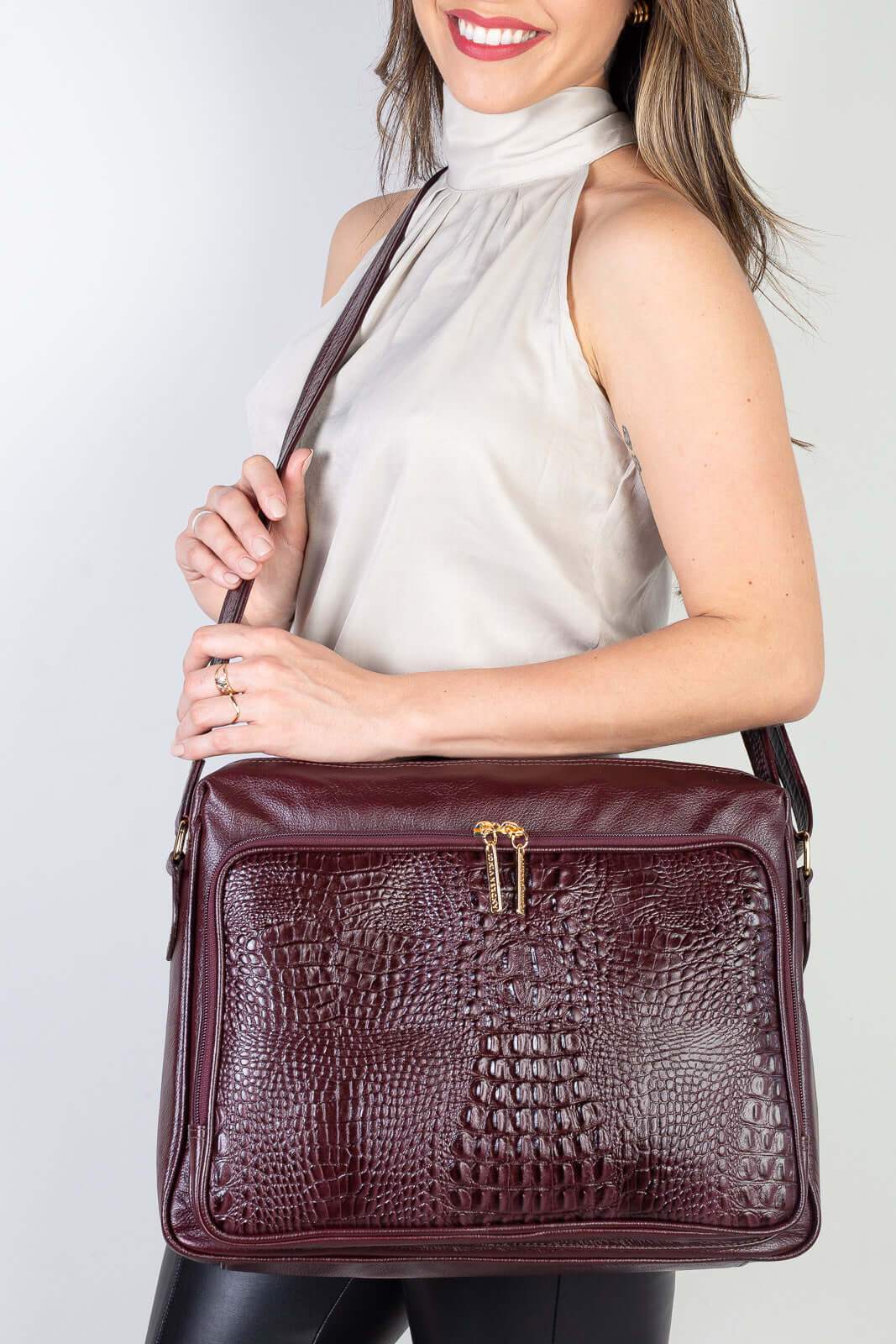 Pasta de couro croco tiracolo Cristina - Enluaze