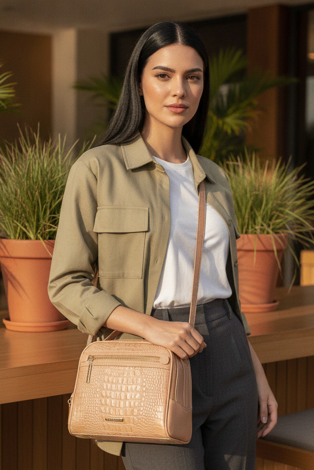 Bolsa baú pequena de couro croco Lara