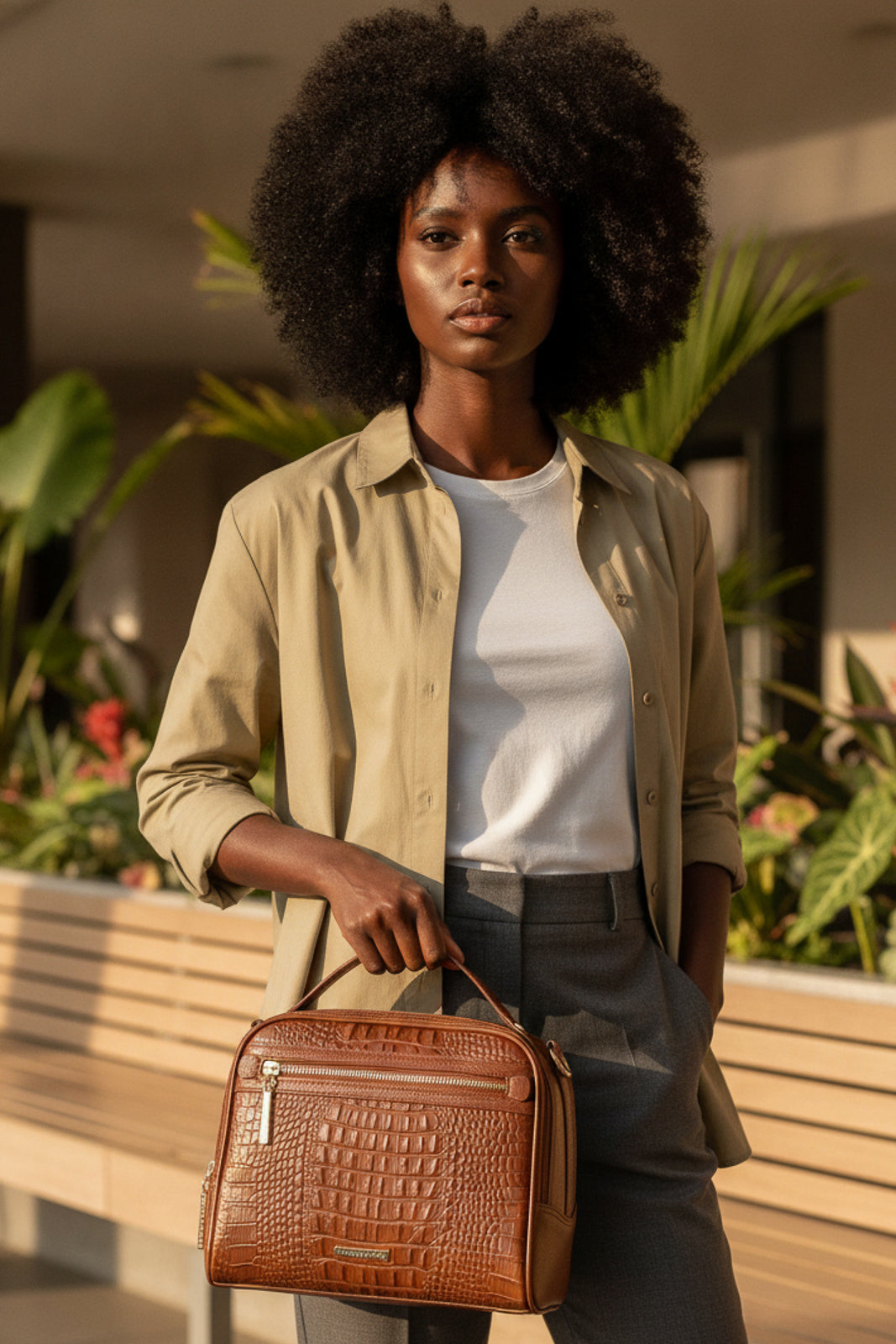 Bolsa baú pequena de couro croco Lara