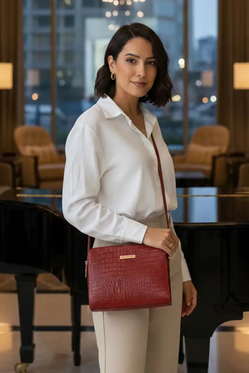 Bolsa transversal feminina de couro croco Paola - Enluaze