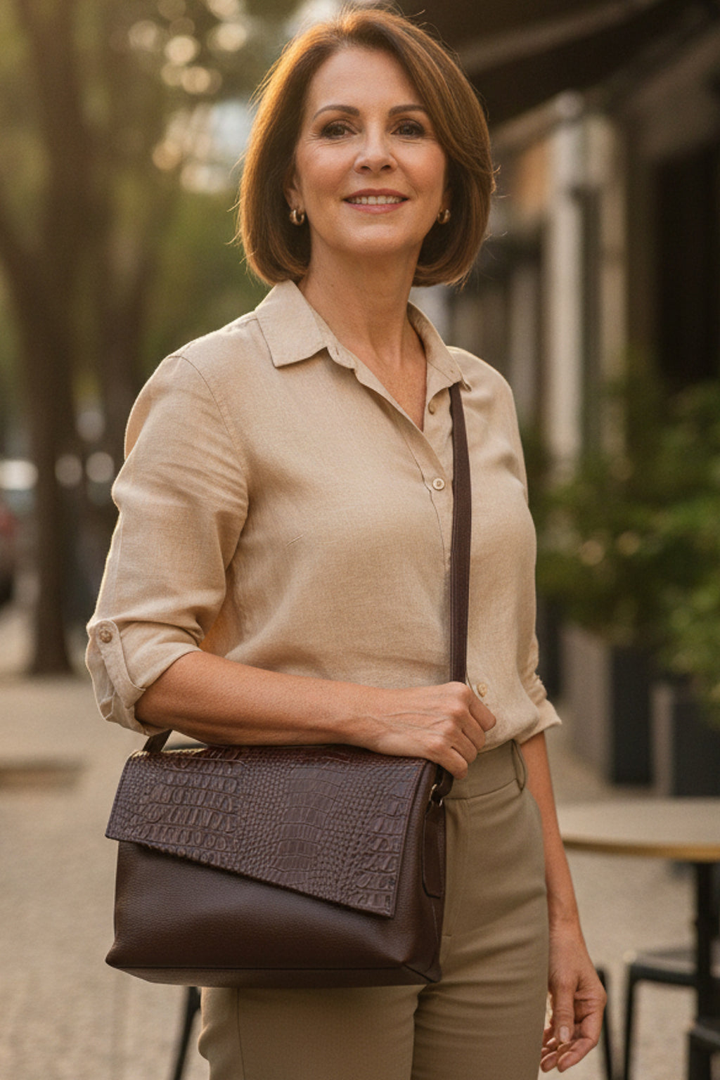 Bolsa tiracolo de couro croco com tampa Rose