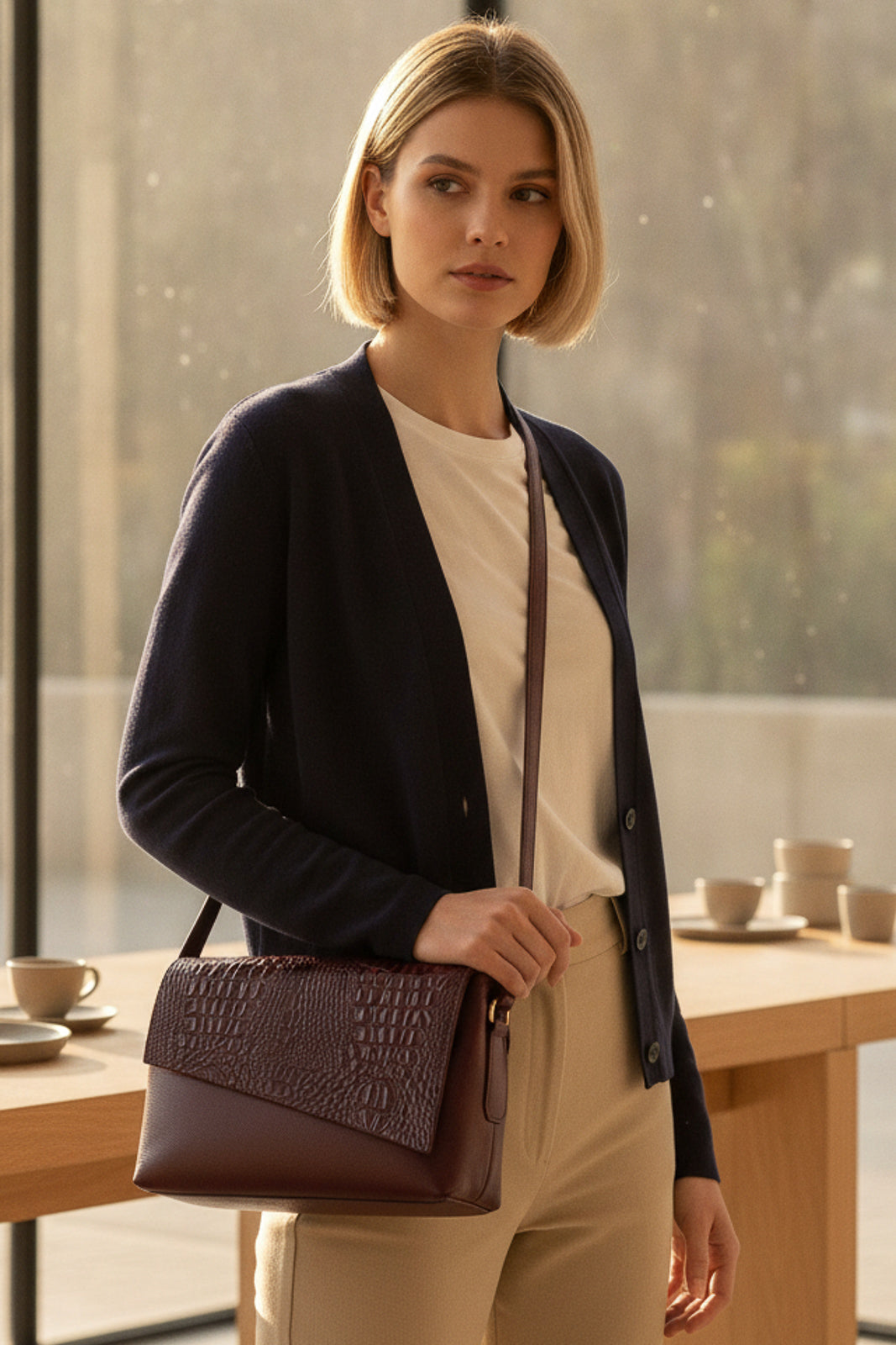 Bolsa tiracolo de couro croco com tampa Rose