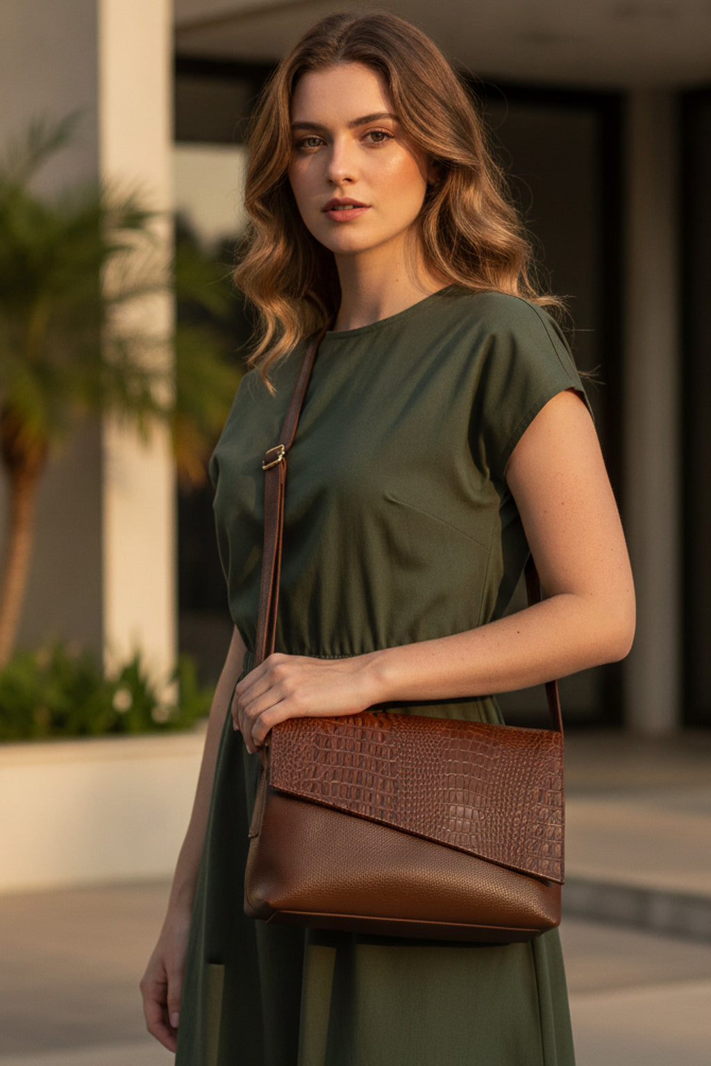 Bolsa tiracolo de couro croco com tampa Rose
