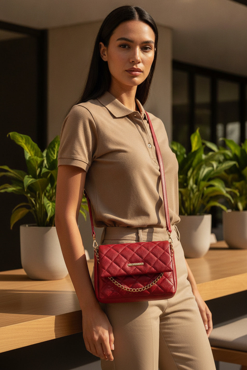 Bolsa de couro com corrente matelassê Giulia