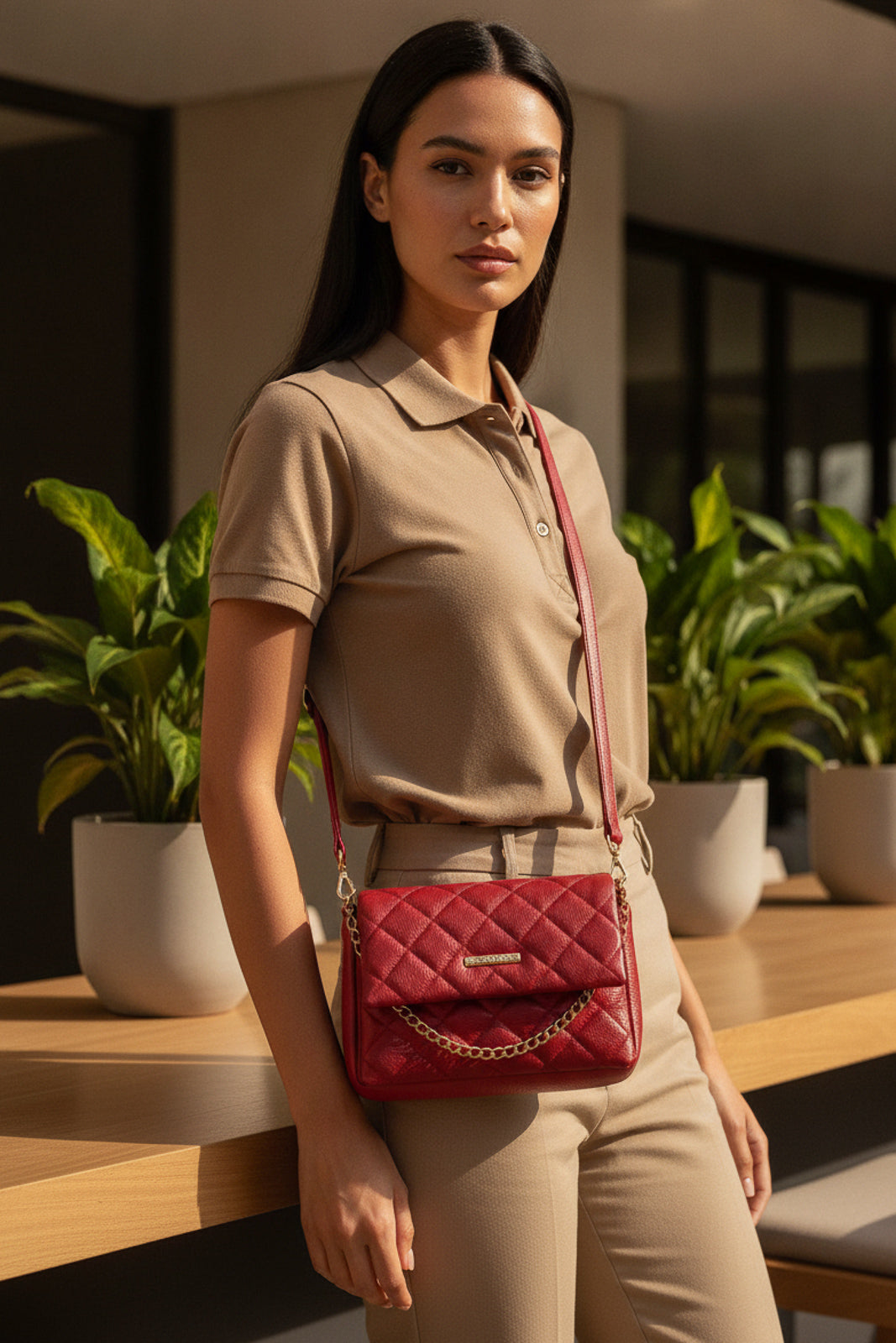 Bolsa de couro com corrente matelassê Giulia