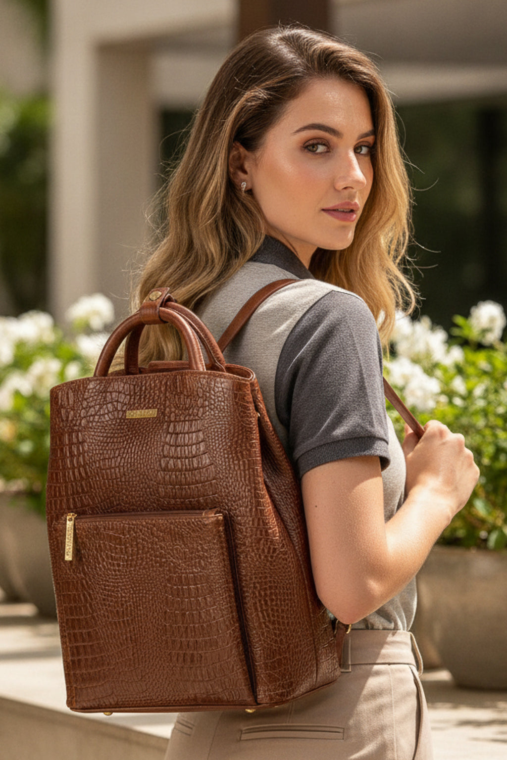 Mochila slim couro croco Lavínia