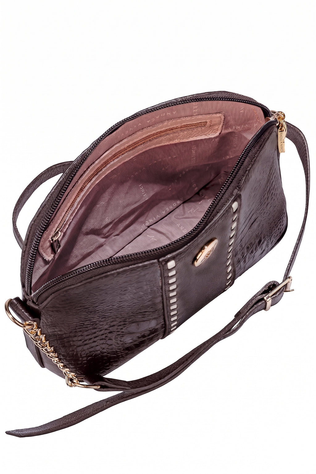 Bolsa transversal detalhe alça com corrente couro croco Pérola