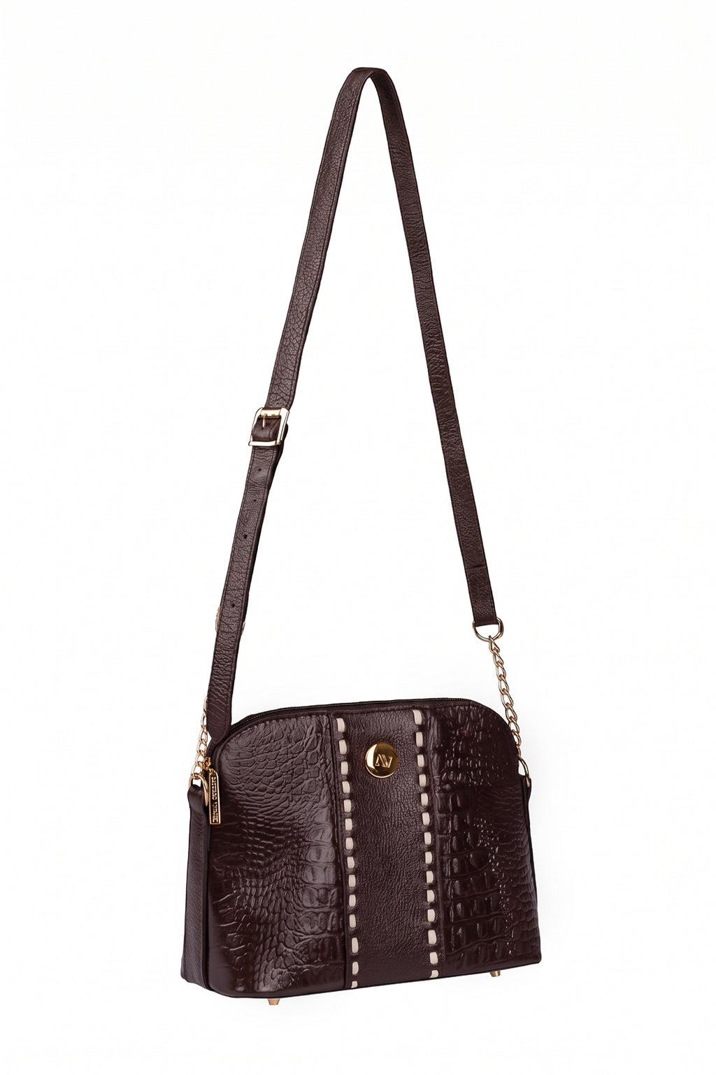 Bolsa transversal detalhe alça com corrente couro croco Pérola