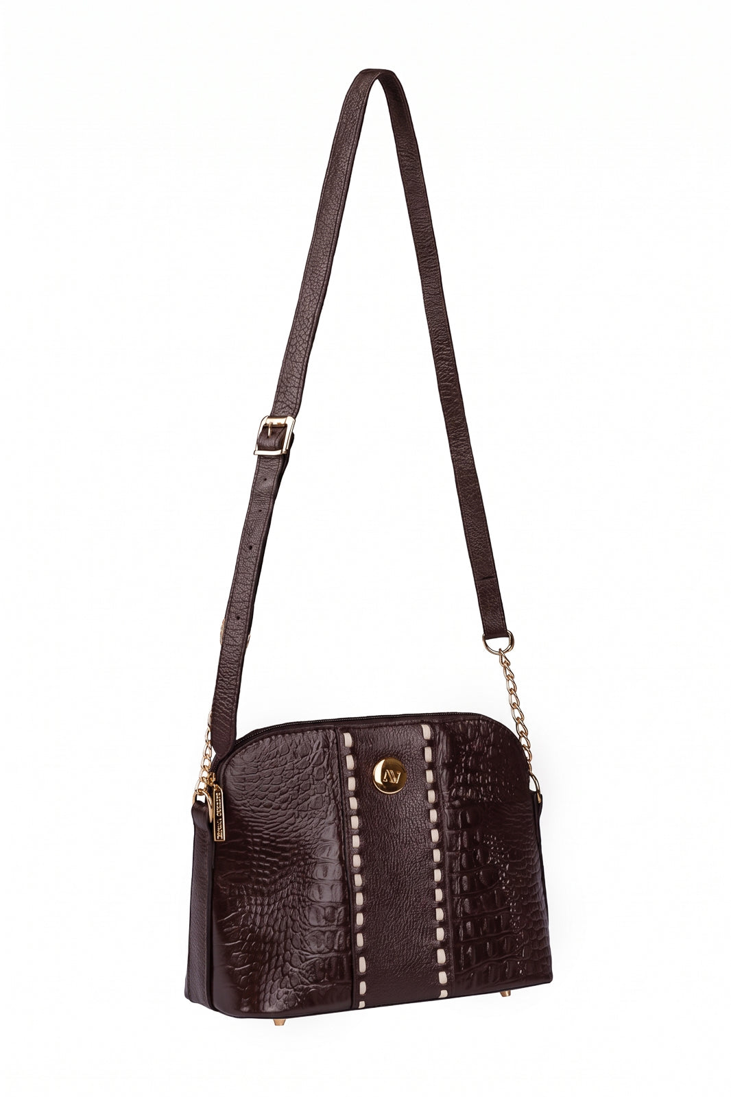 Bolsa transversal detalhe alça com corrente couro croco Pérola