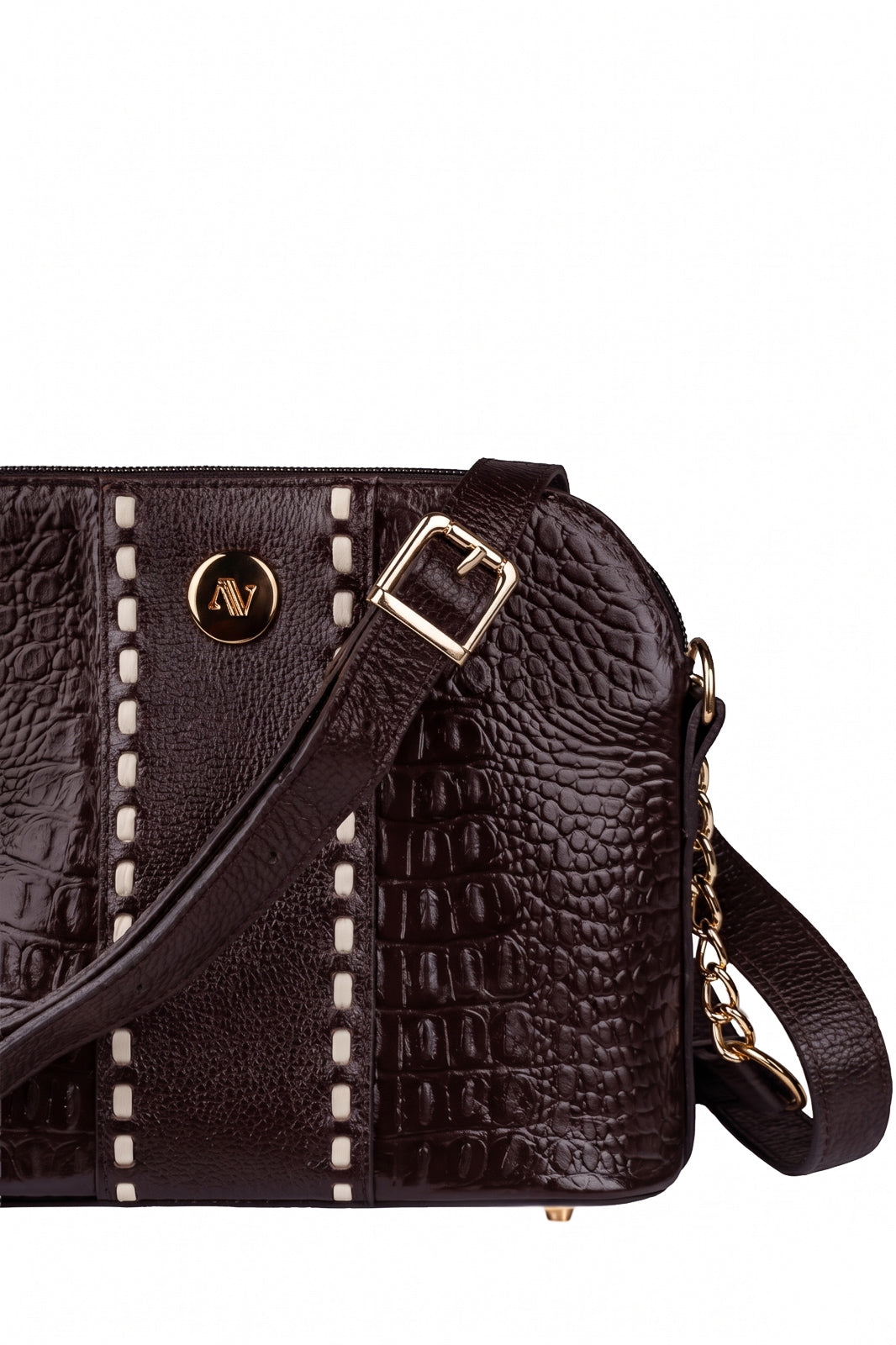 Bolsa transversal detalhe alça com corrente couro croco Pérola