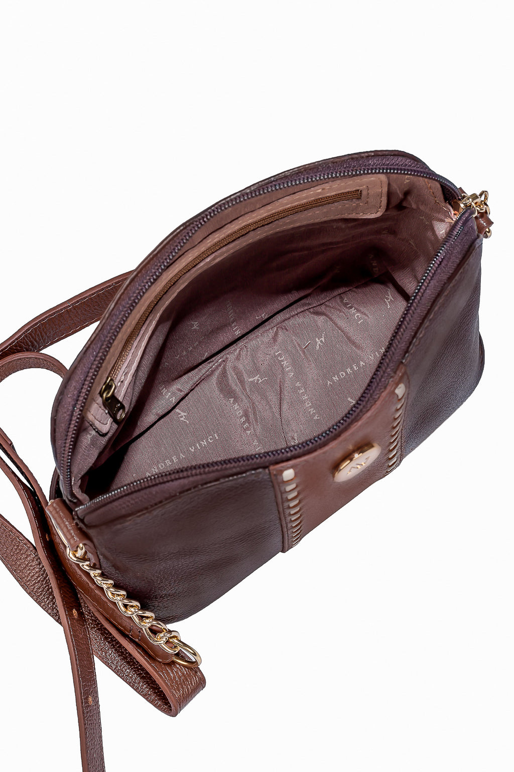 Bolsa transversal detalhe alça com corrente couro liso Pérola