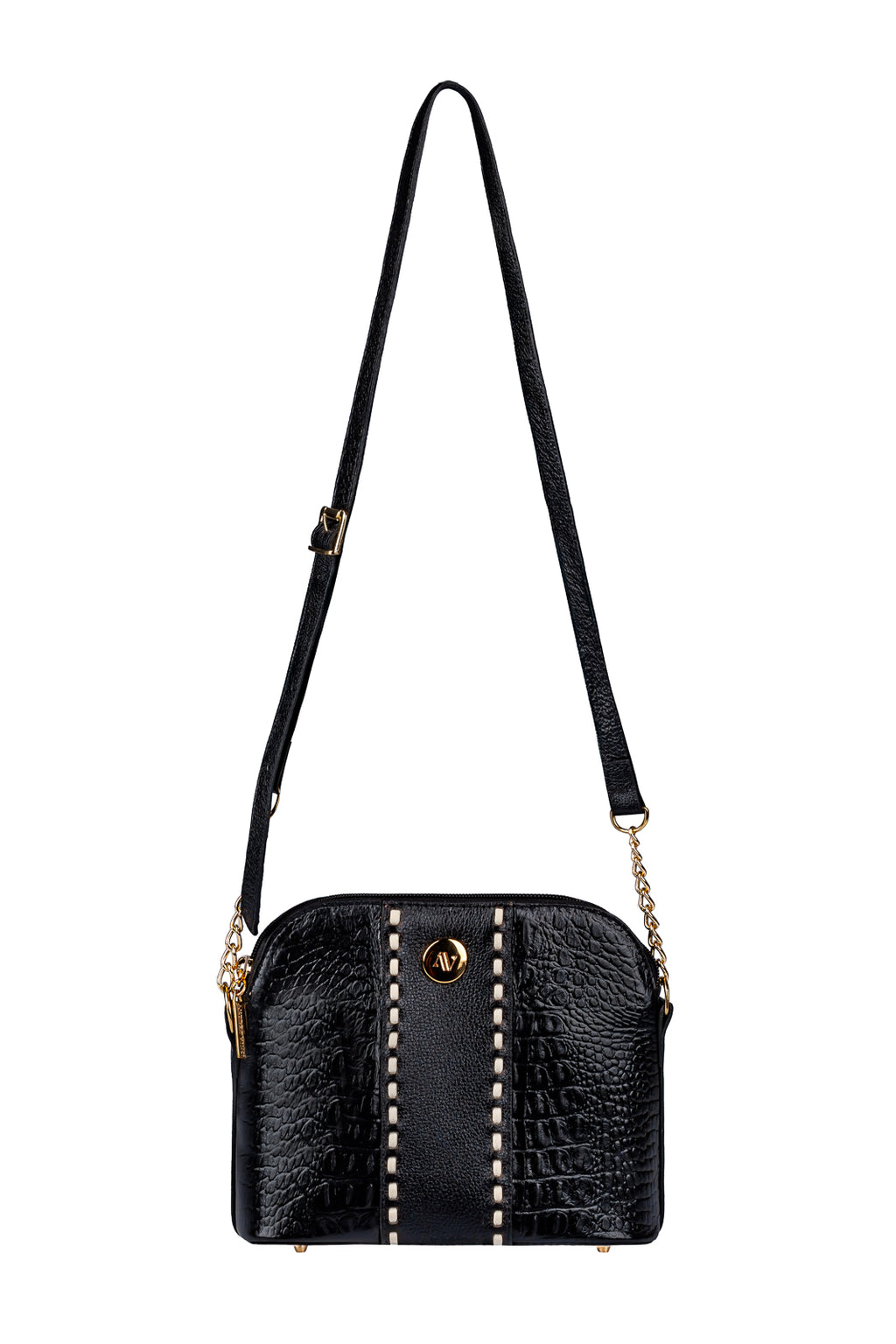 Bolsa transversal detalhe alça com corrente couro croco Pérola