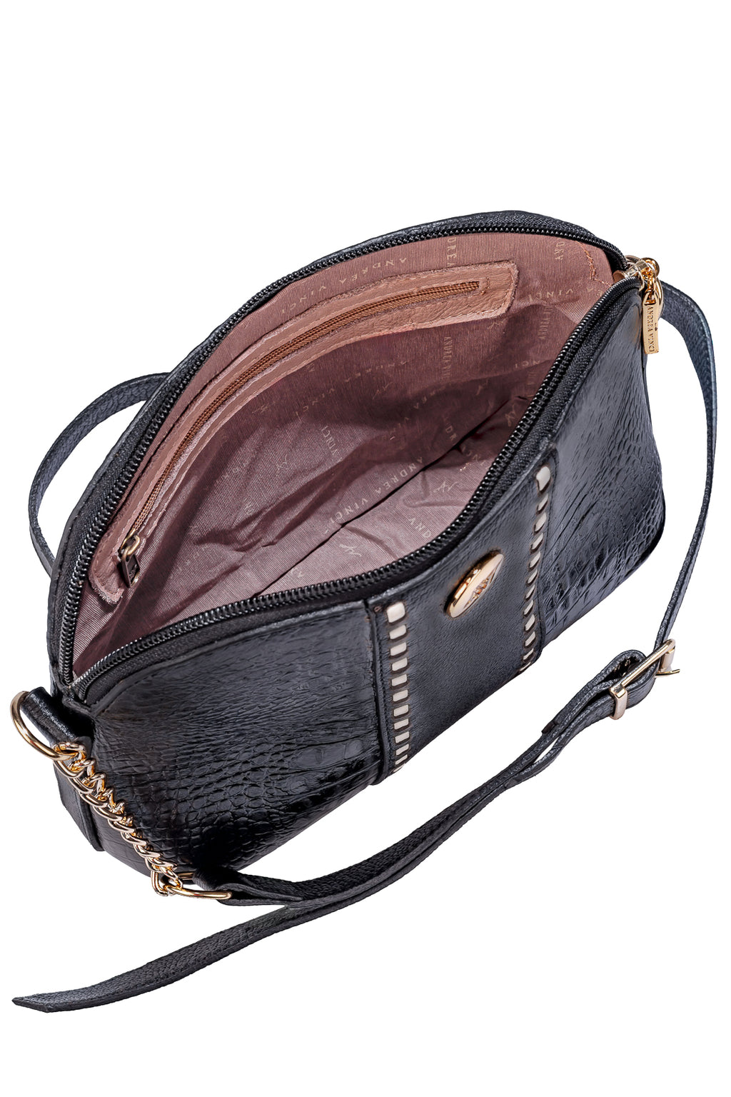 Bolsa transversal detalhe alça com corrente couro croco Pérola