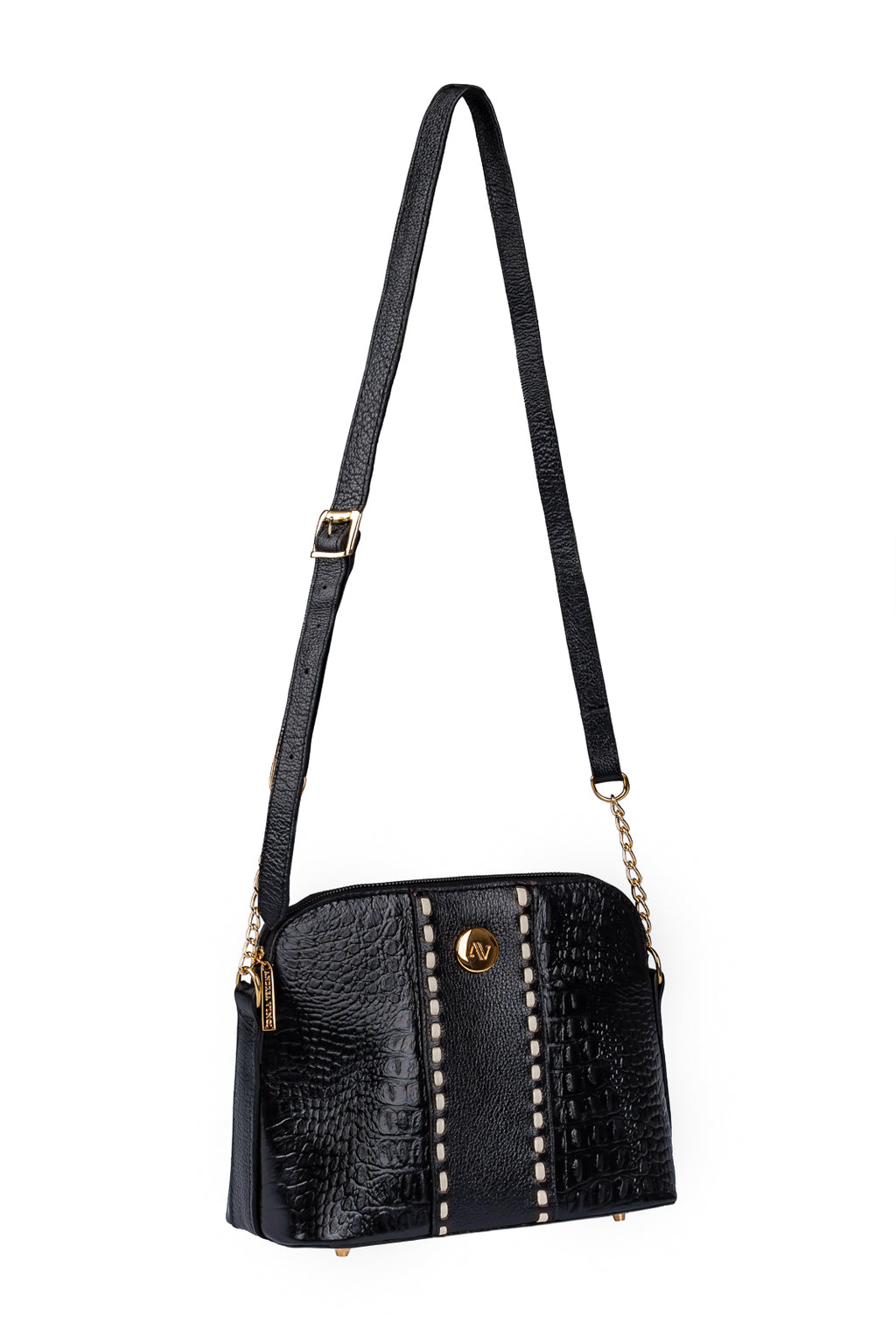 Bolsa transversal detalhe alça com corrente couro croco Pérola