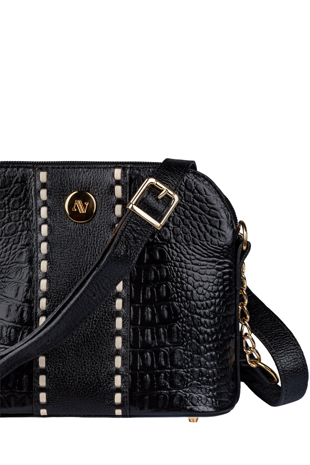 Bolsa transversal detalhe alça com corrente couro croco Pérola