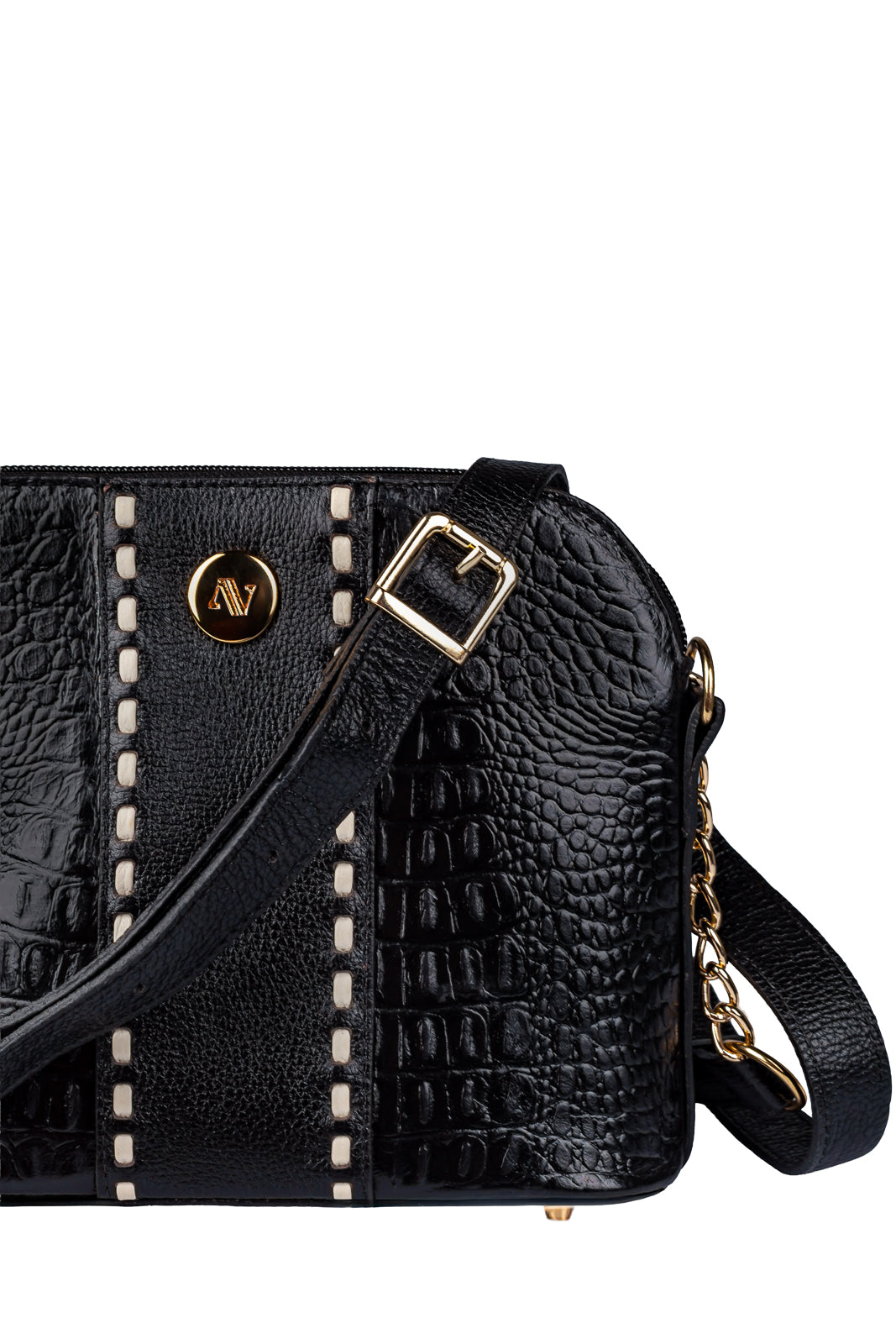 Bolsa transversal detalhe alça com corrente couro croco Pérola