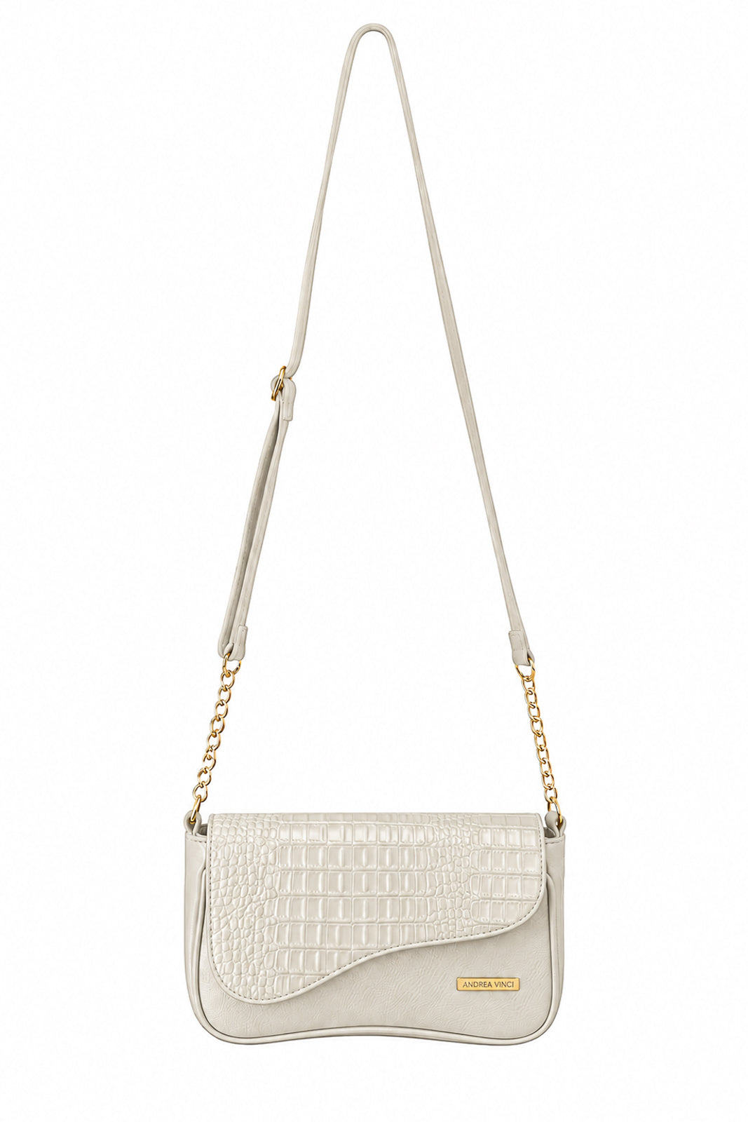 Bolsa transversal de couro croco com tampa e corrente Olga na cor marfim — Enluaze