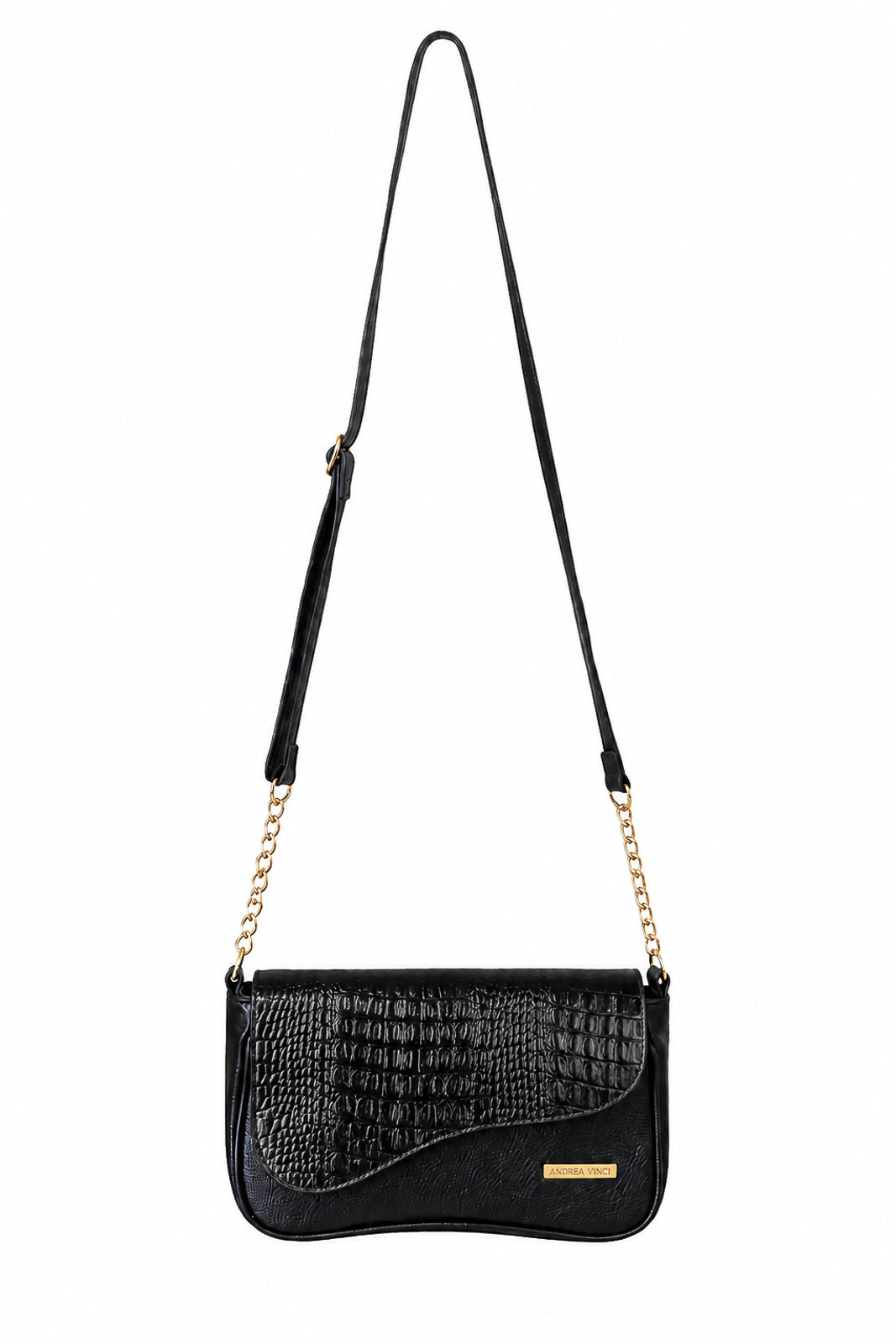 Bolsa transversal de couro croco com tampa e corrente Olga na cor preto — Enluaze