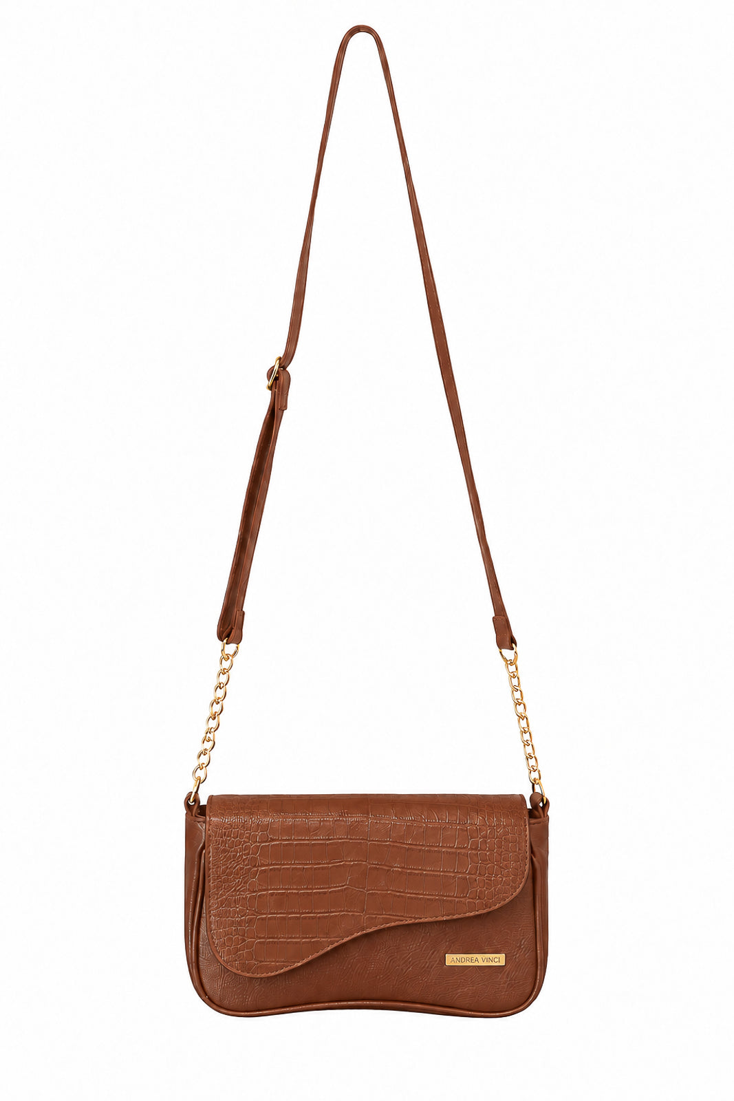 Bolsa transversal de couro croco com tampa e corrente Olga na cor whisky — Enluaze