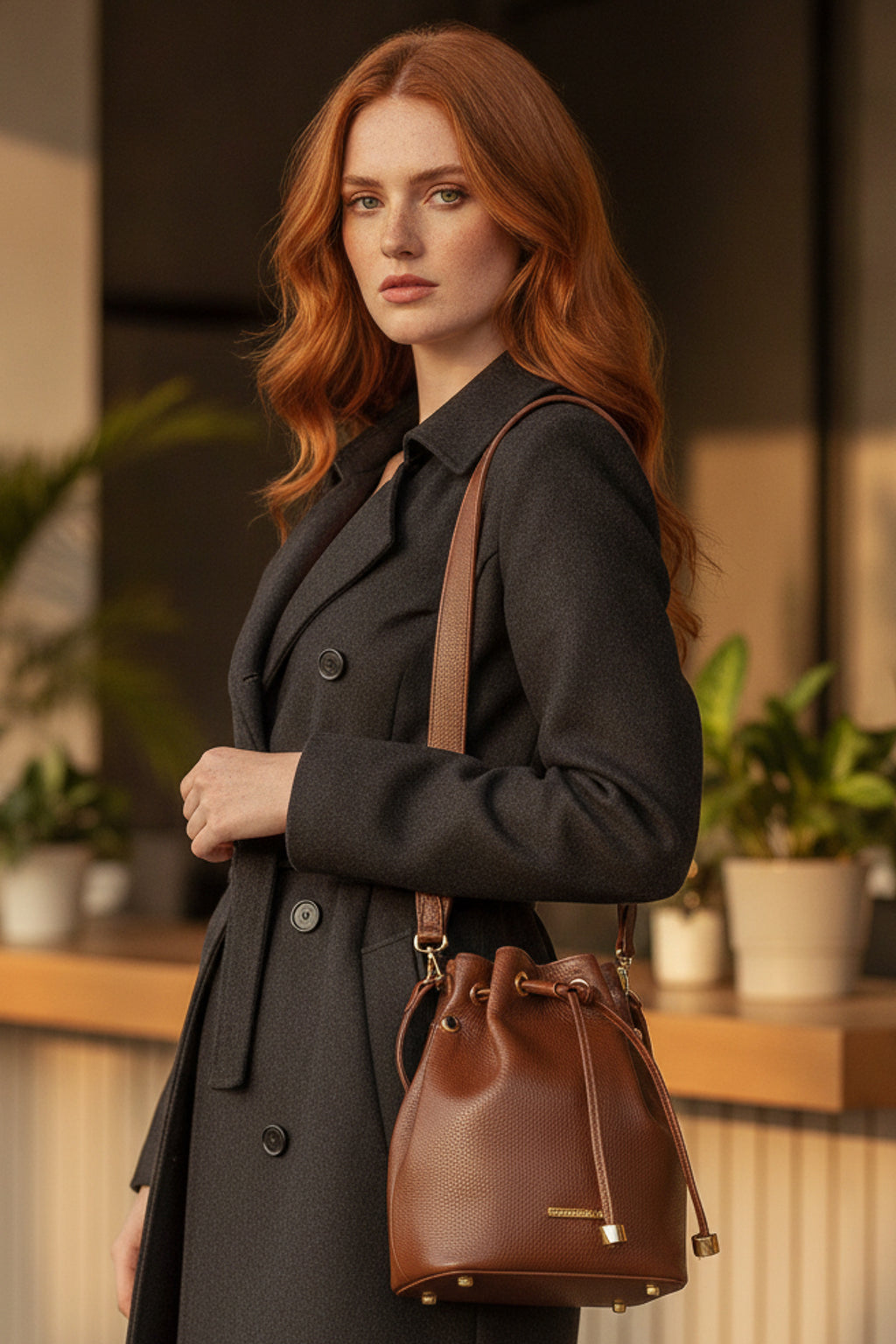 Bolsa saco em couro liso Nubia