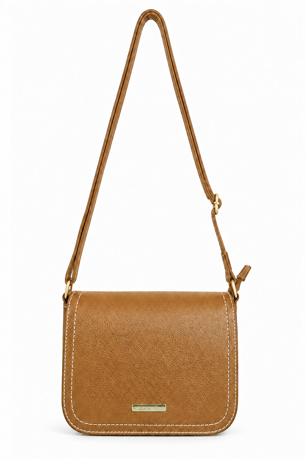 Bolsa transversal de couro liso com tampa Julia na cor caramelo — Enluaze
