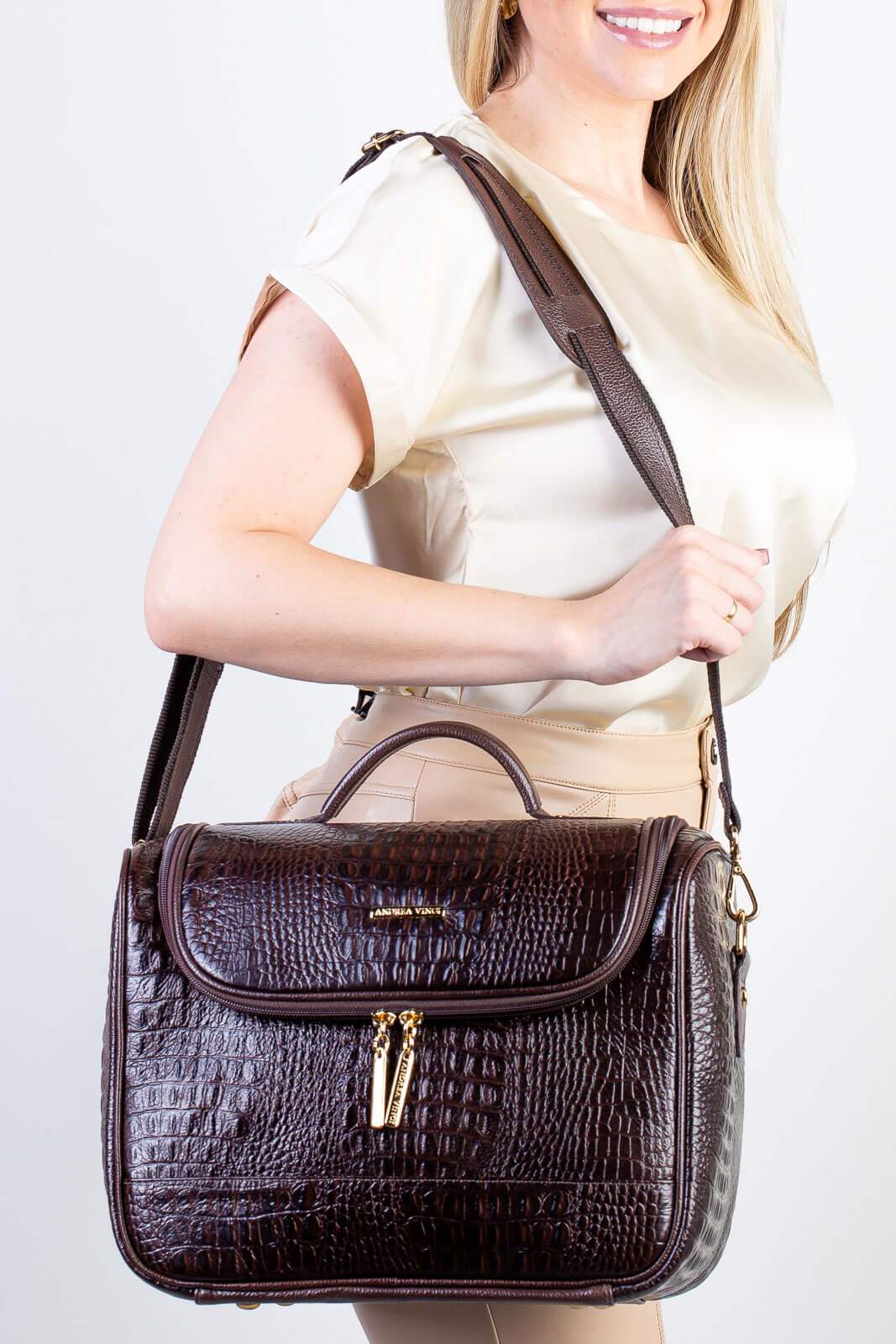 Frasqueira feminina de couro croco para viagem Roma - Enluaze